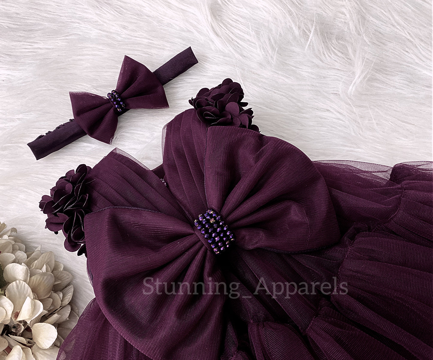 Beautiful Cape Sleeves Flower Work Ruffled Wine Frock