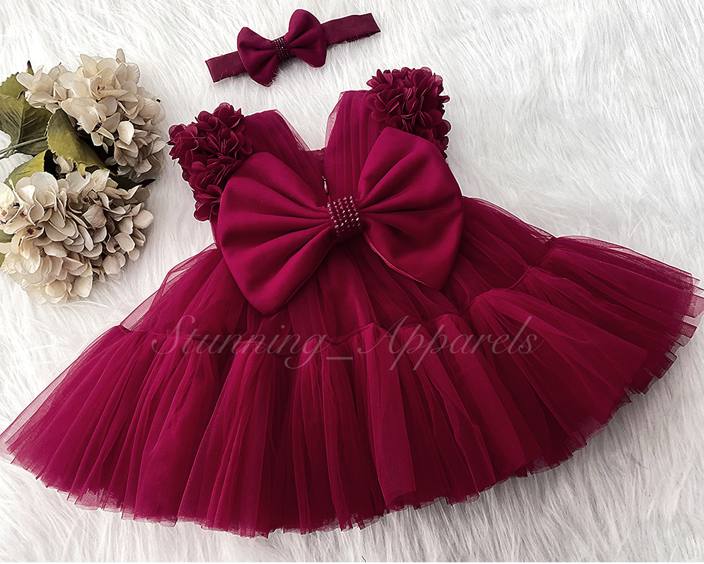 Beautiful Cape Sleeves Flower Work Ruffled Ruby Red Frock