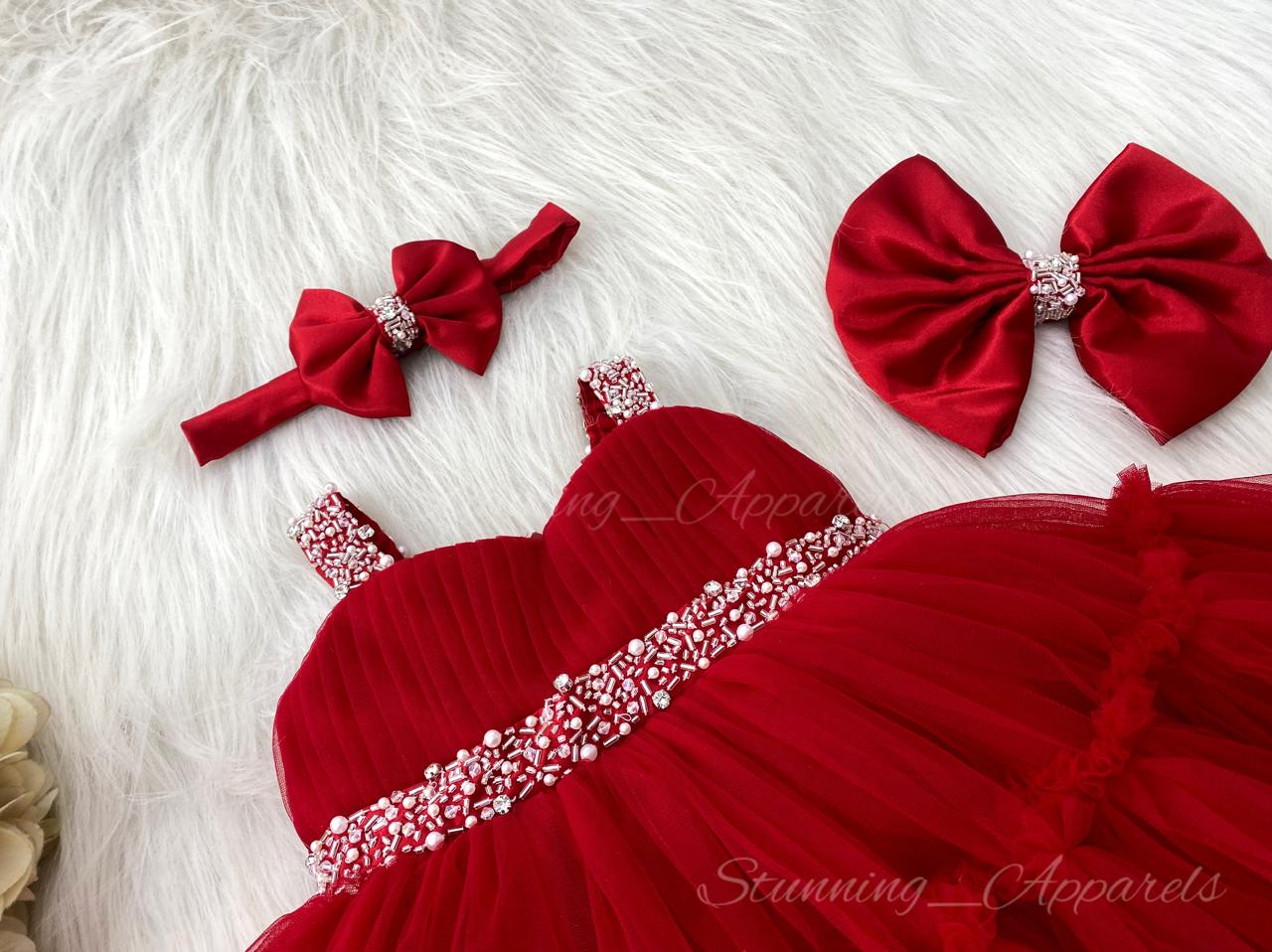 Designer Sweetheart Neckline Hand Work Red Green Frock