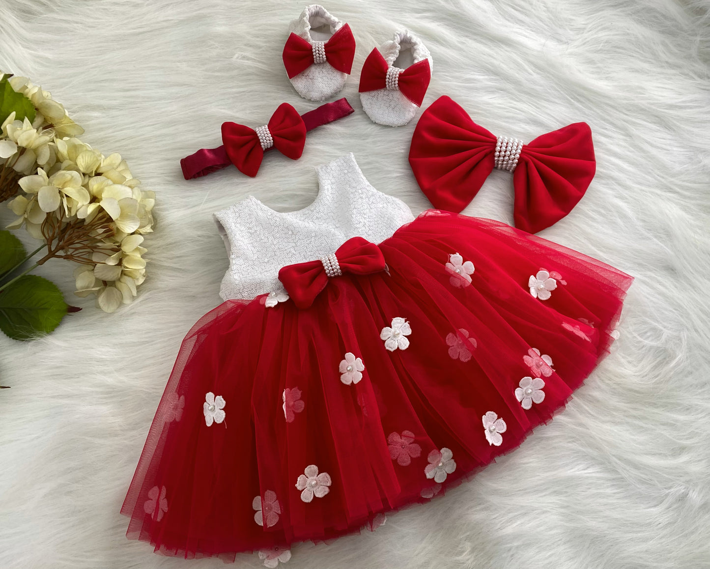 White Flower Work White Milky Sequins Red Dress