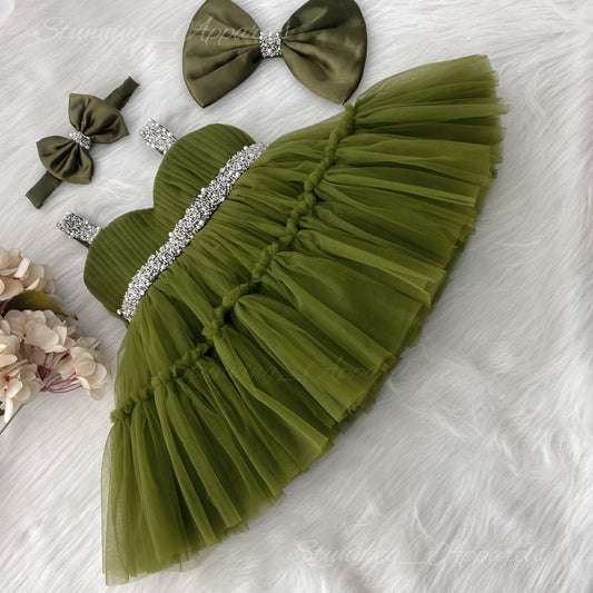 Designer Sweetheart Neckline Hand Work Strapped Olive Green Frock