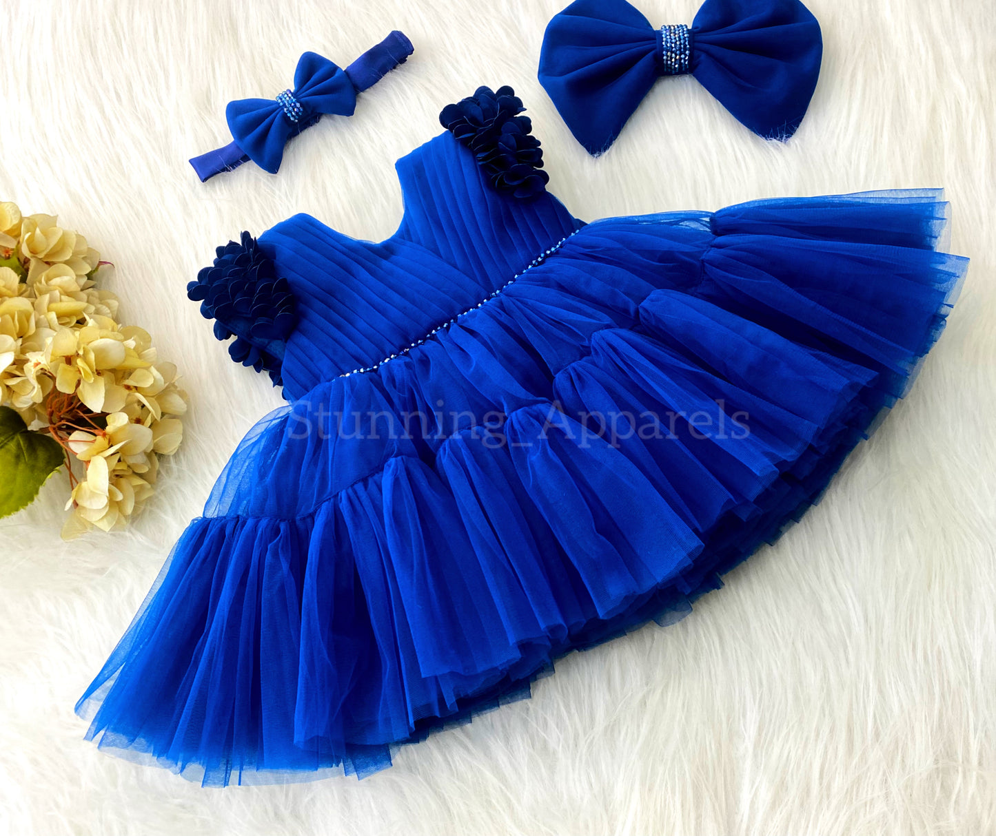 Beautiful  Cape Sleeves Flower Work Ruffled Royal Blue Frock