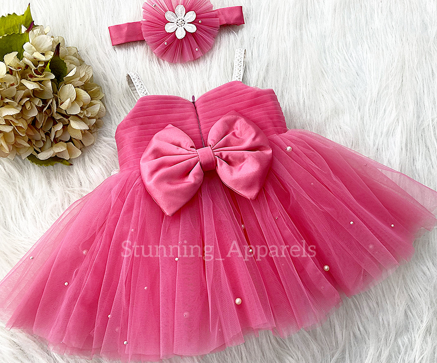 White Flower Work Party Wear Flemingo Pink Dress