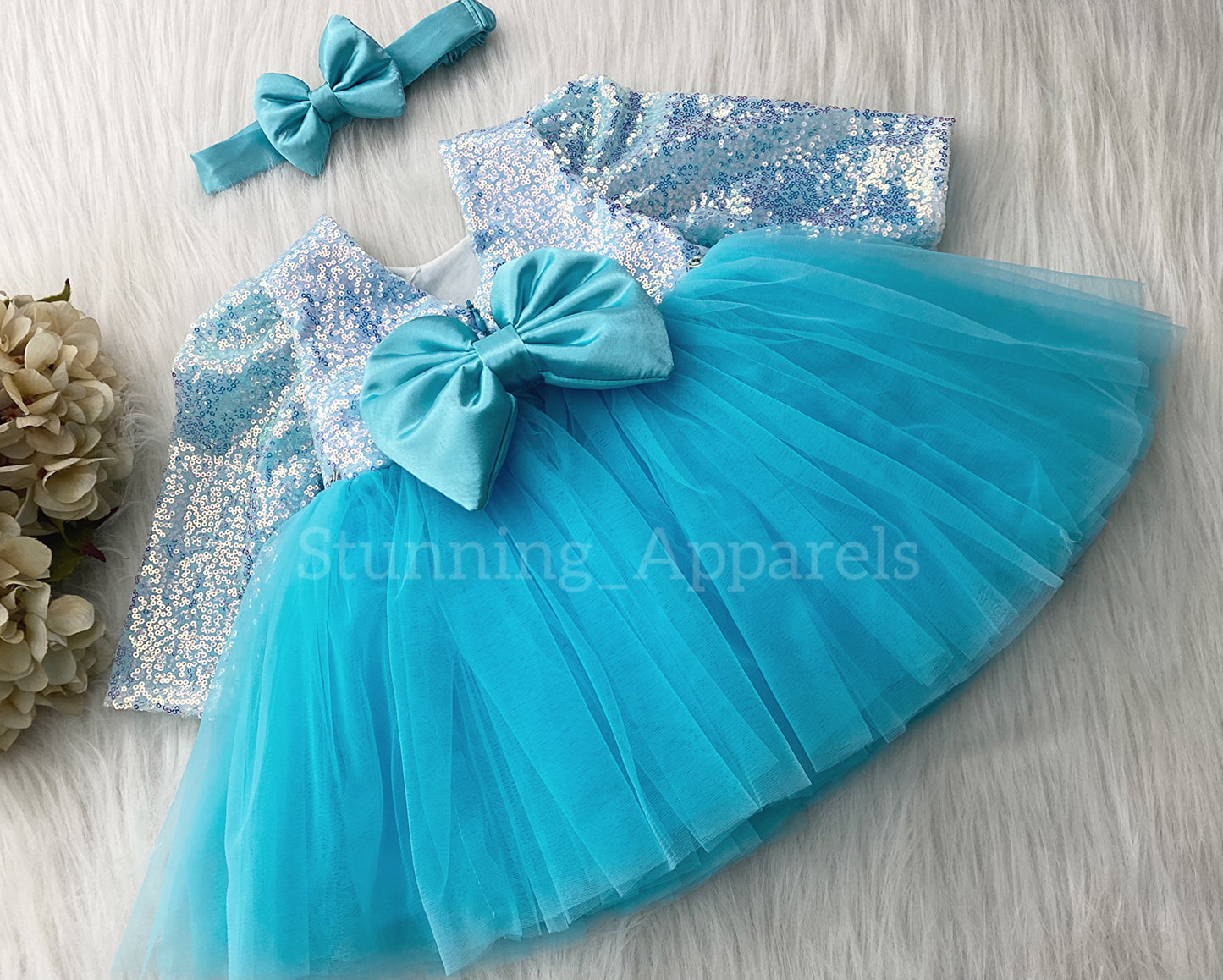 Stylish Long Sleeves Satin Bow Party Wear Sky Blue Frock