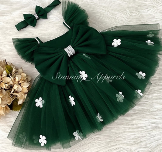 White Flower Work Strapped Sleeves Dark Green Pink Frock