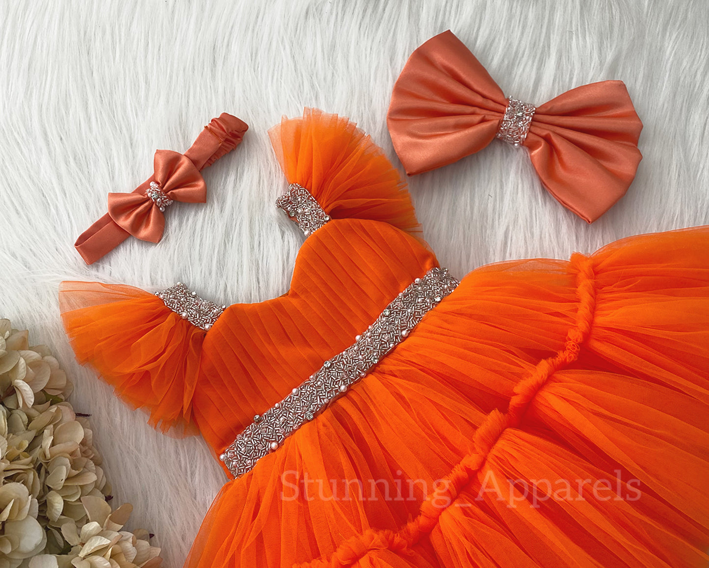 Designer Sweetheart Neckline Hand Work Orange Frock