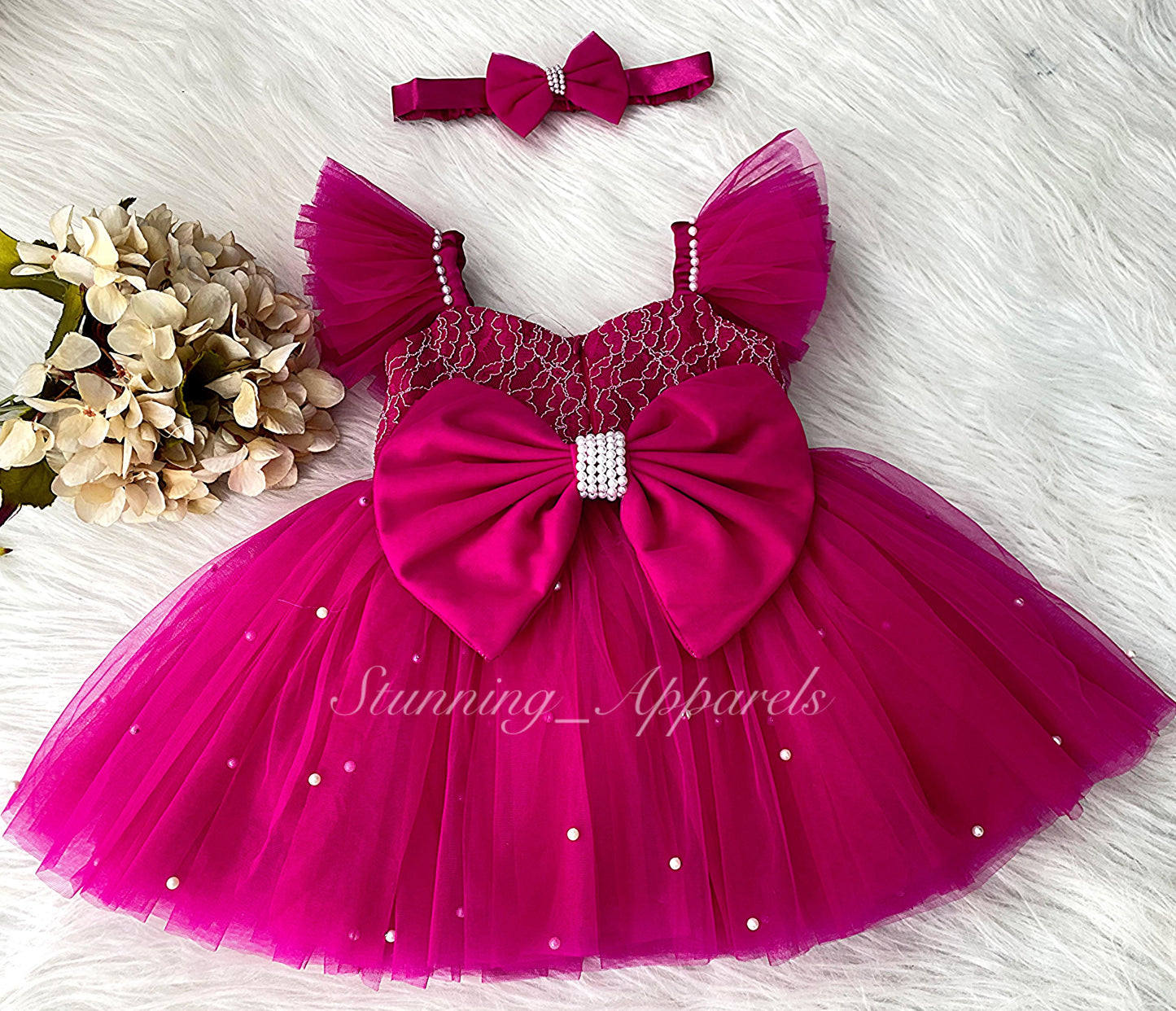 White Pearls Work Strapped Sleeves Magenta  Pink Dress