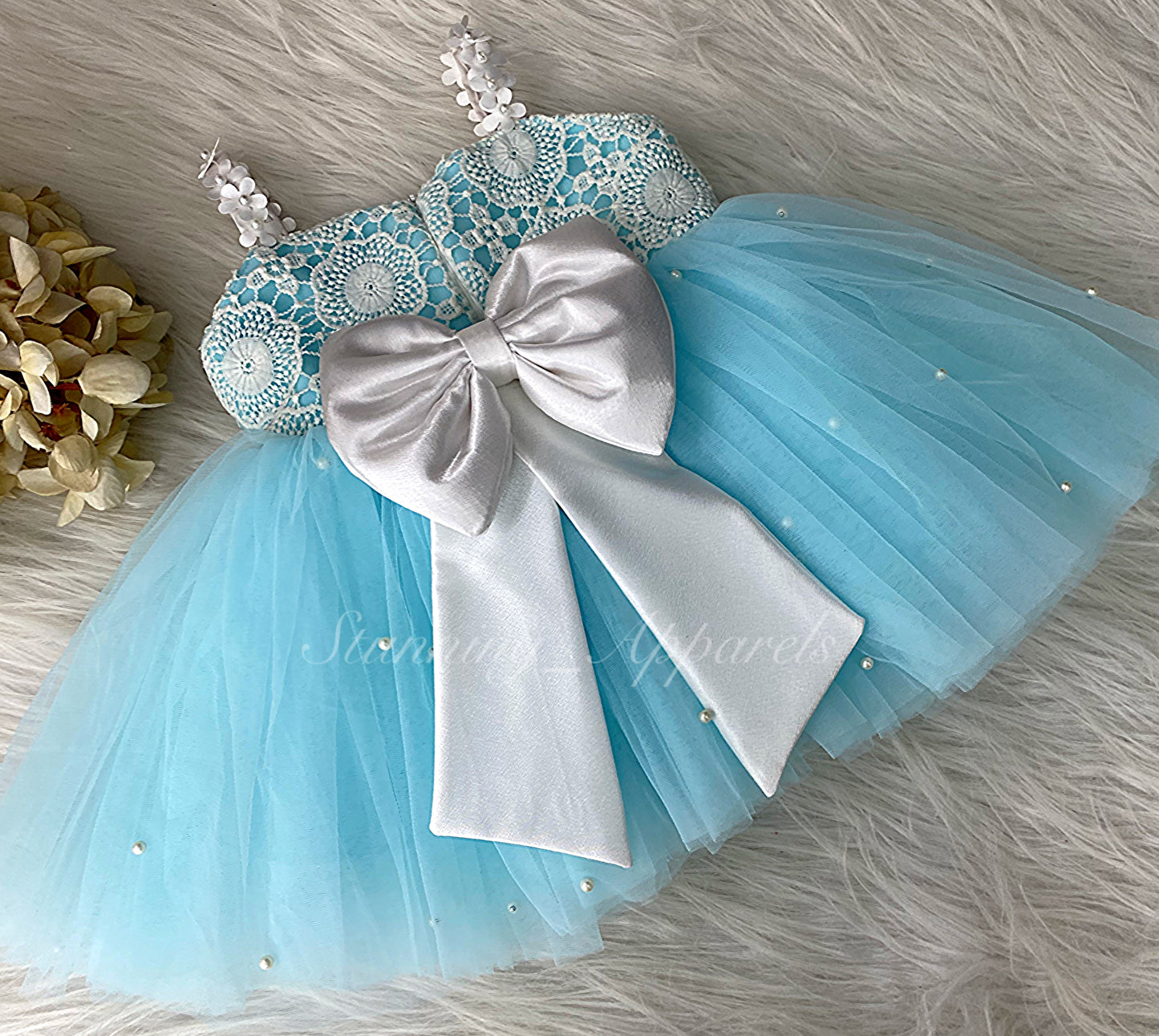 Cute White Flower Strapped Sky Blue Dress