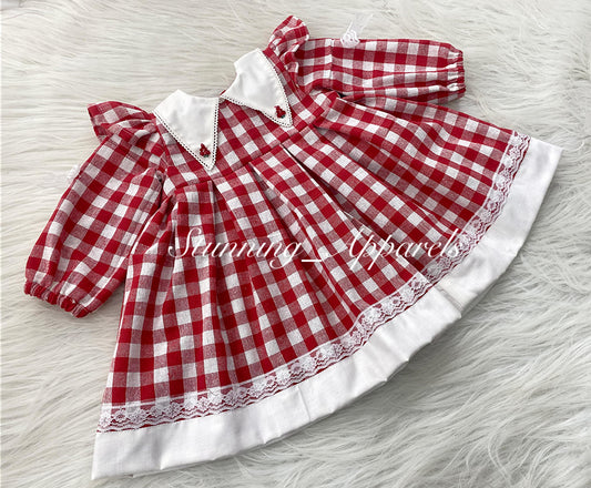 Stylish Long Sleeves Checks Printed Red Dress