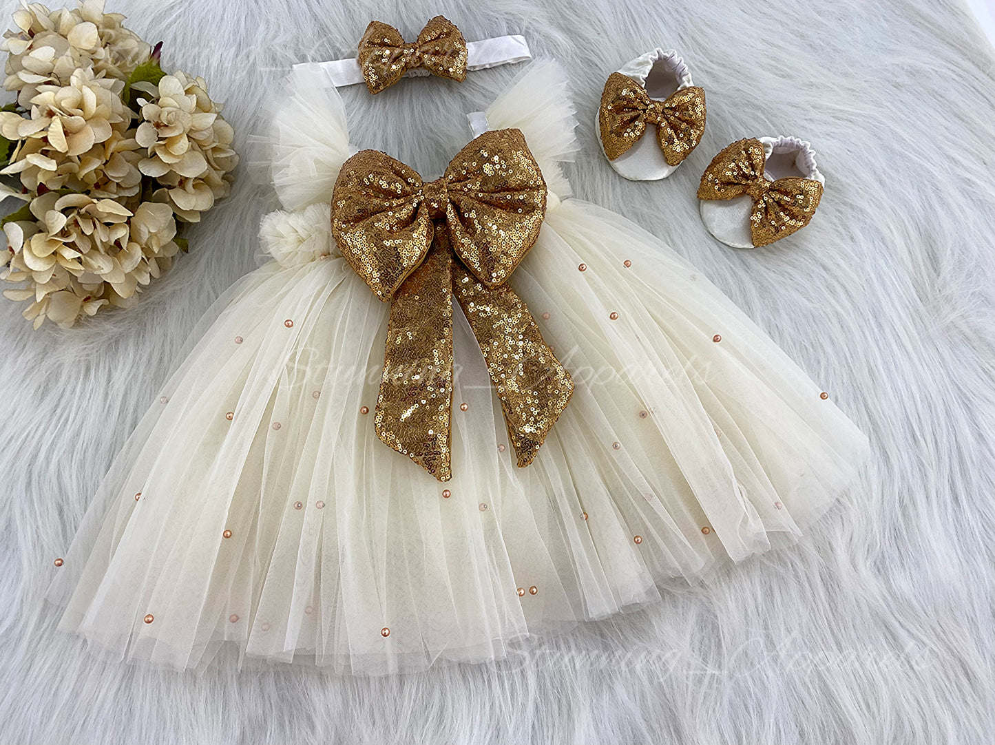 Golden Sequins Bow Party cream umbrella Dress