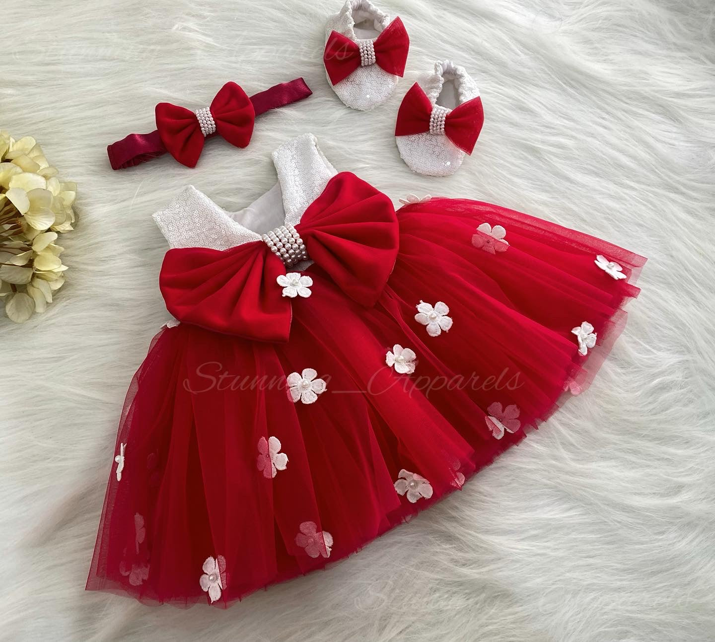 White Flower Work White Milky Sequins Red Dress