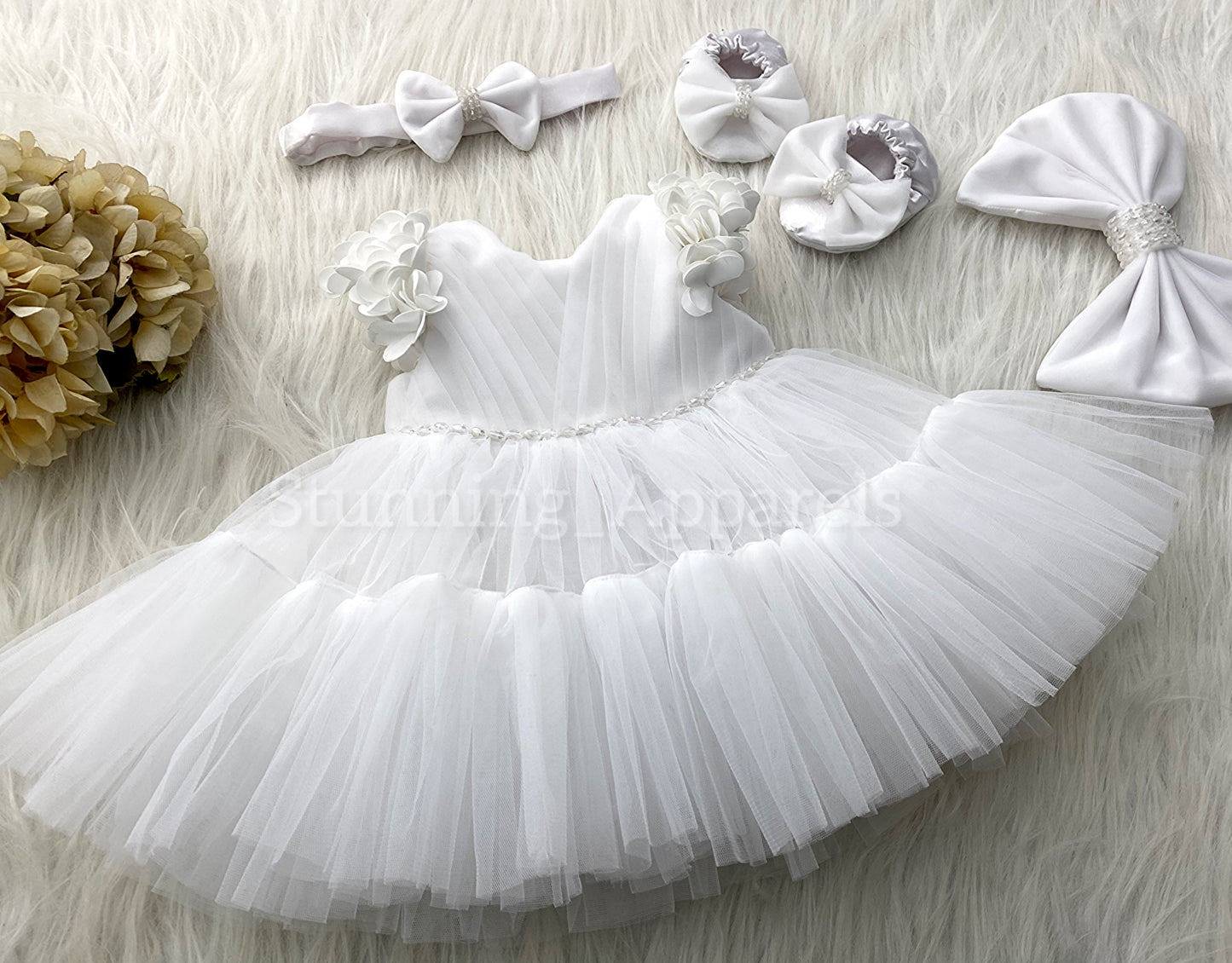 Beautiful Cape Sleeves Flower Work Ruffled white Frock