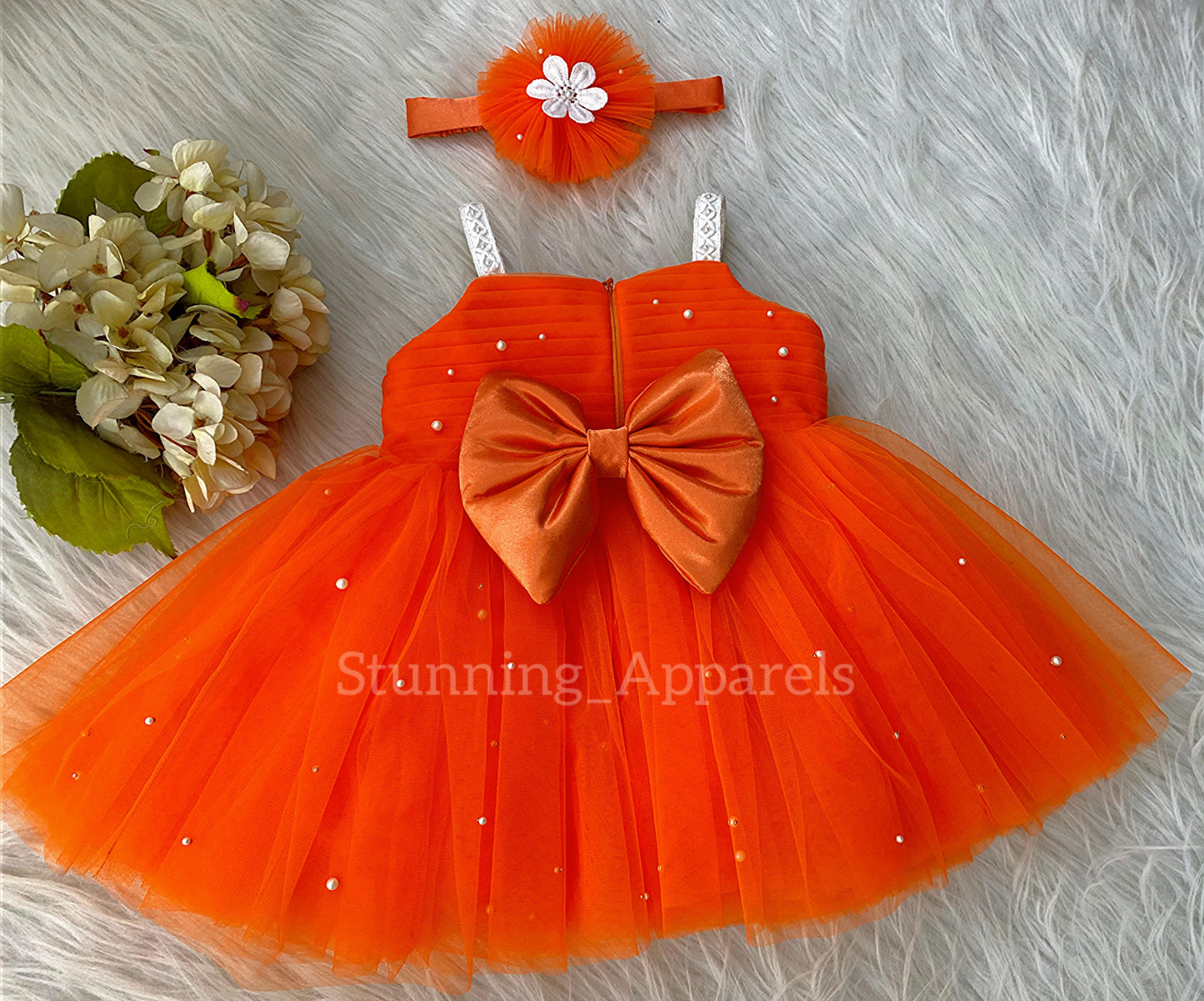 Waistline White Flower Work Party Wear Orange Dress