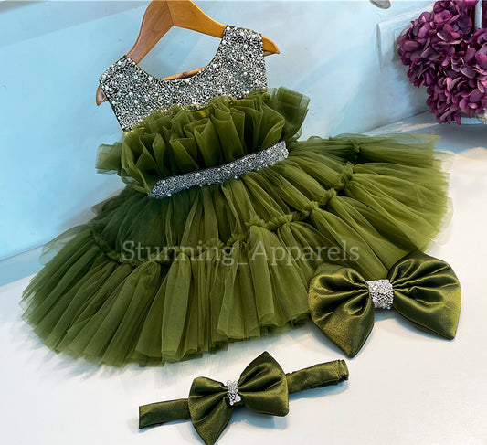 Designer Neckline Hand Work Party Wear Olive Green Dress