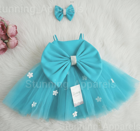 White Flower Work Strapped Dark Sky Blue Dress