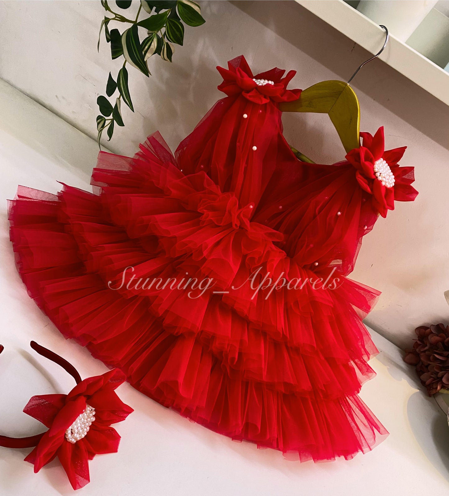 Shoulder Flower Work Layered Red Dress