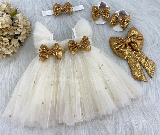 Golden Sequins Bow Party cream umbrella Dress