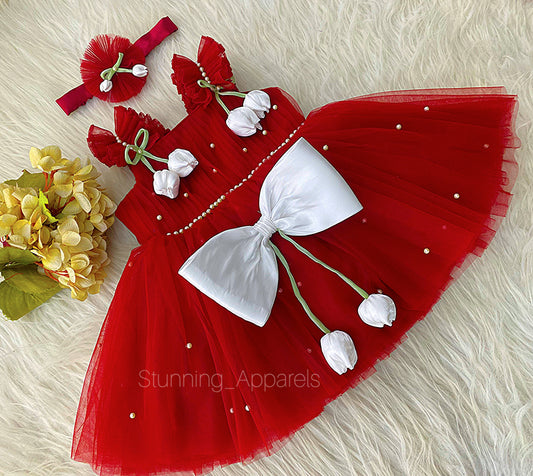 White Tulip Flower Work Party Wear Red Dress