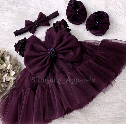 Beautiful Cape Sleeves Flower Work Ruffled Wine Frock