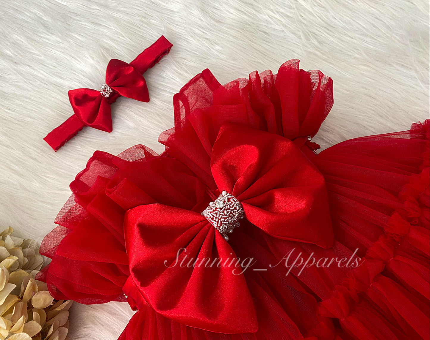 Designer belted Hand Wear Ruffled Party Wear Red Dress