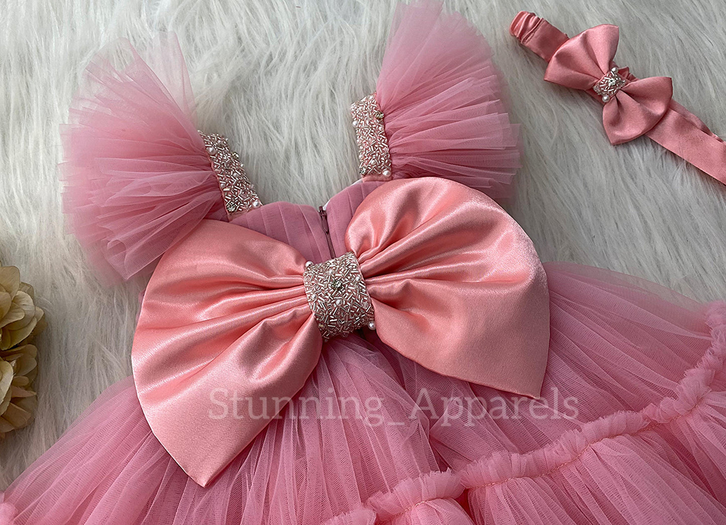 Designer Sweetheart Neckline Hand Work Peach Frock