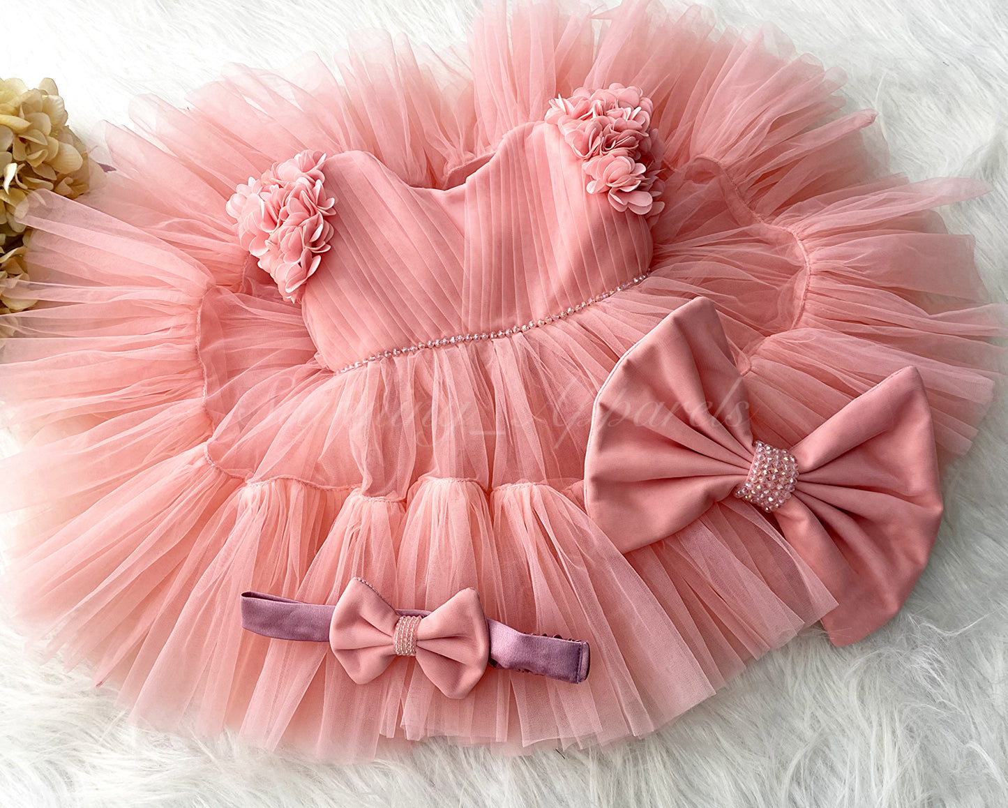 Beautiful Cape Sleeves Flower Work Ruffled Peach Frock