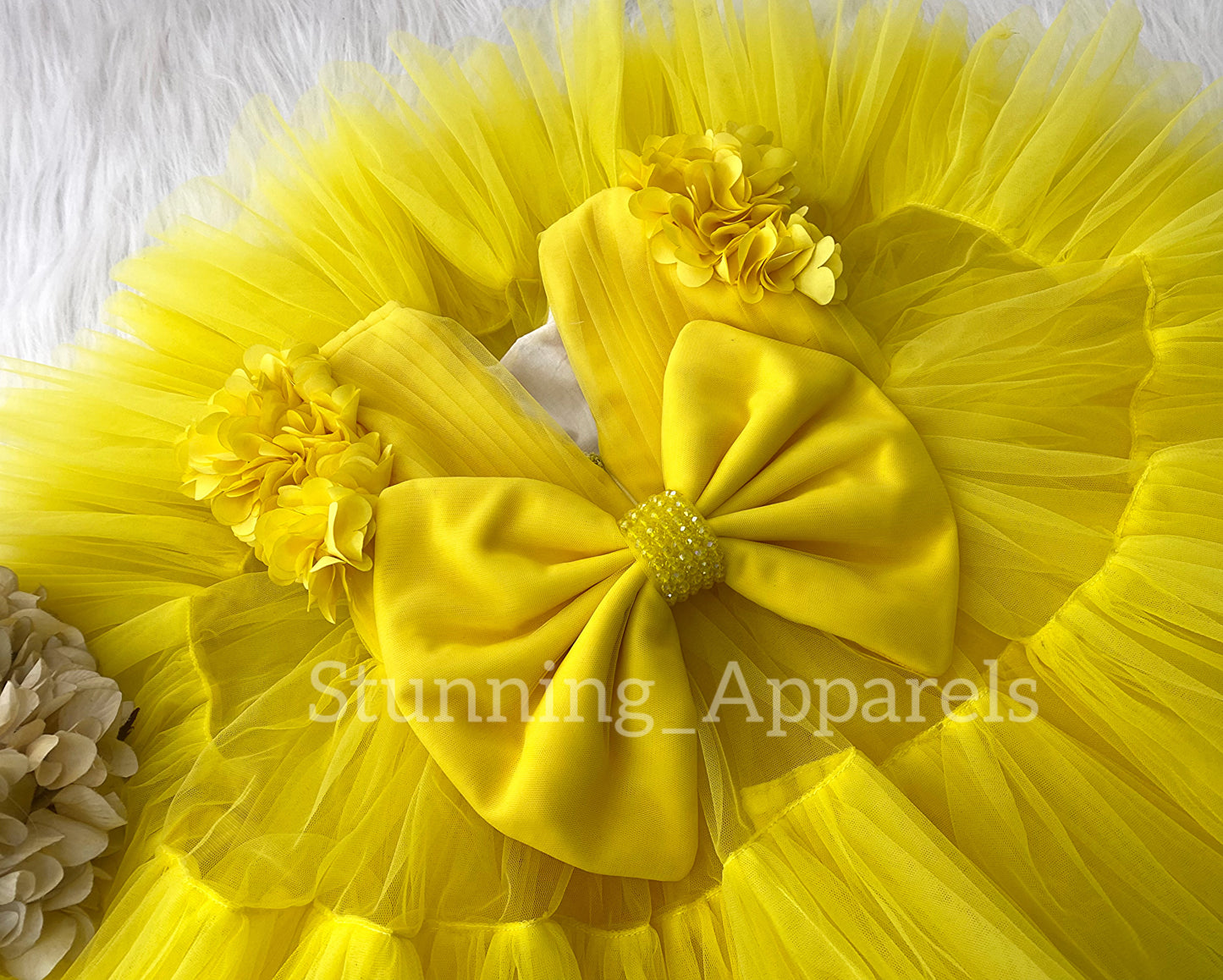 Beautiful Cape Sleeves Flower Work Ruffled Yellow Frock