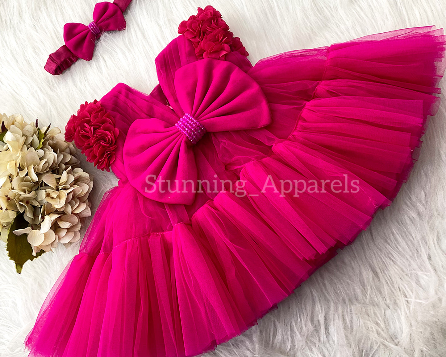 Beautiful Cape Sleeves Flower Work Ruffled Magenta Pink Frock