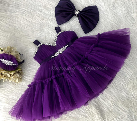 Designer Stone and Diamond Work Ruffled Purple Dress