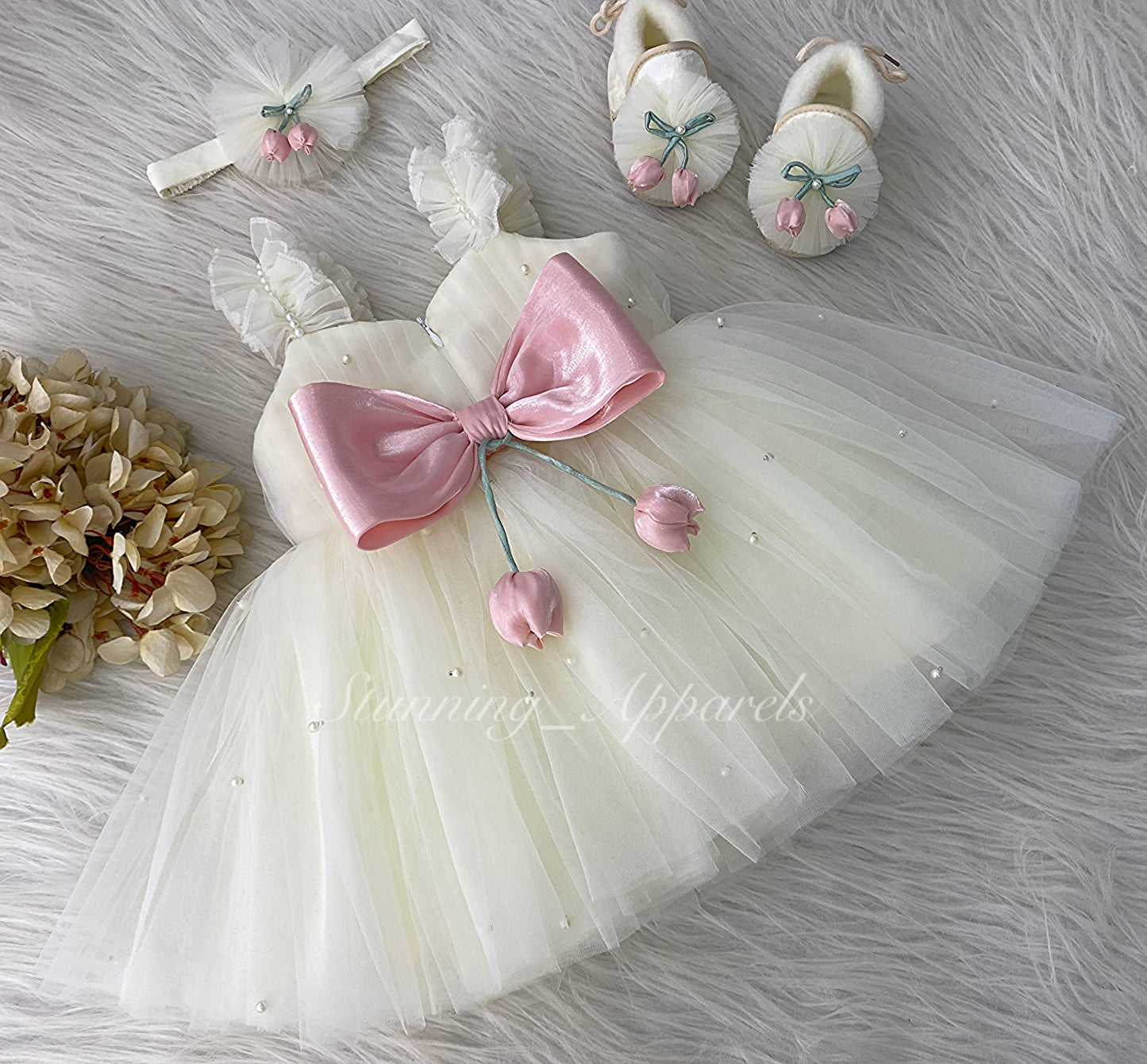 Peach Tulip Flower Work Party Wear Cream Dress