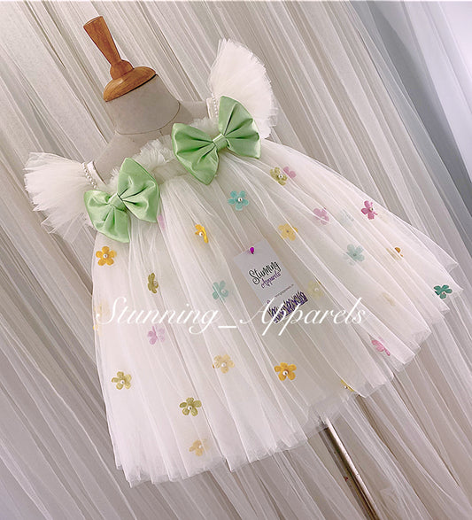 Multi Colour Flower Work, Pista Green Satin Bow White Umbrella Dress