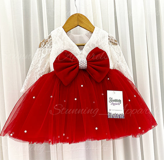 Long Sleeves White Pearls Work Red Frock