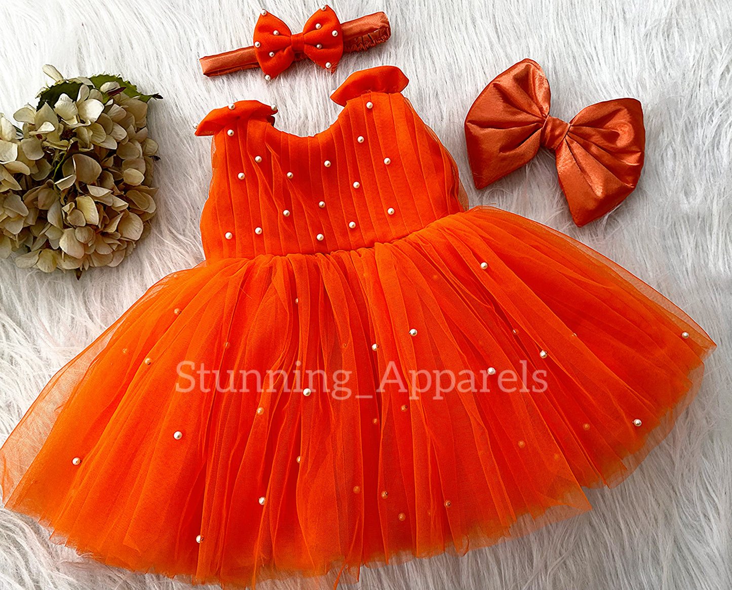 Shoulder Bow White Pearls Work Orange Frock