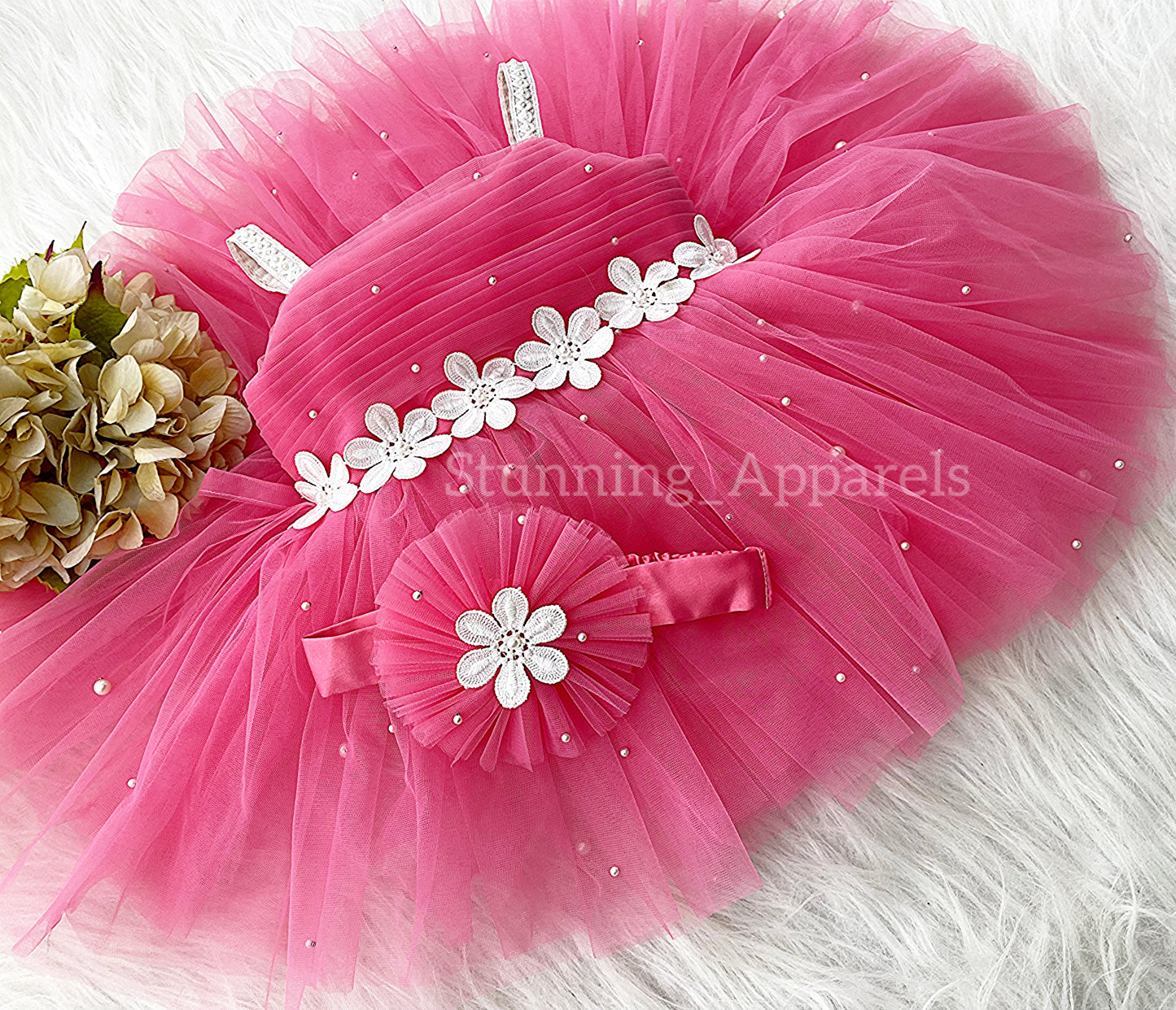 White Flower Work Party Wear Flemingo Pink Dress