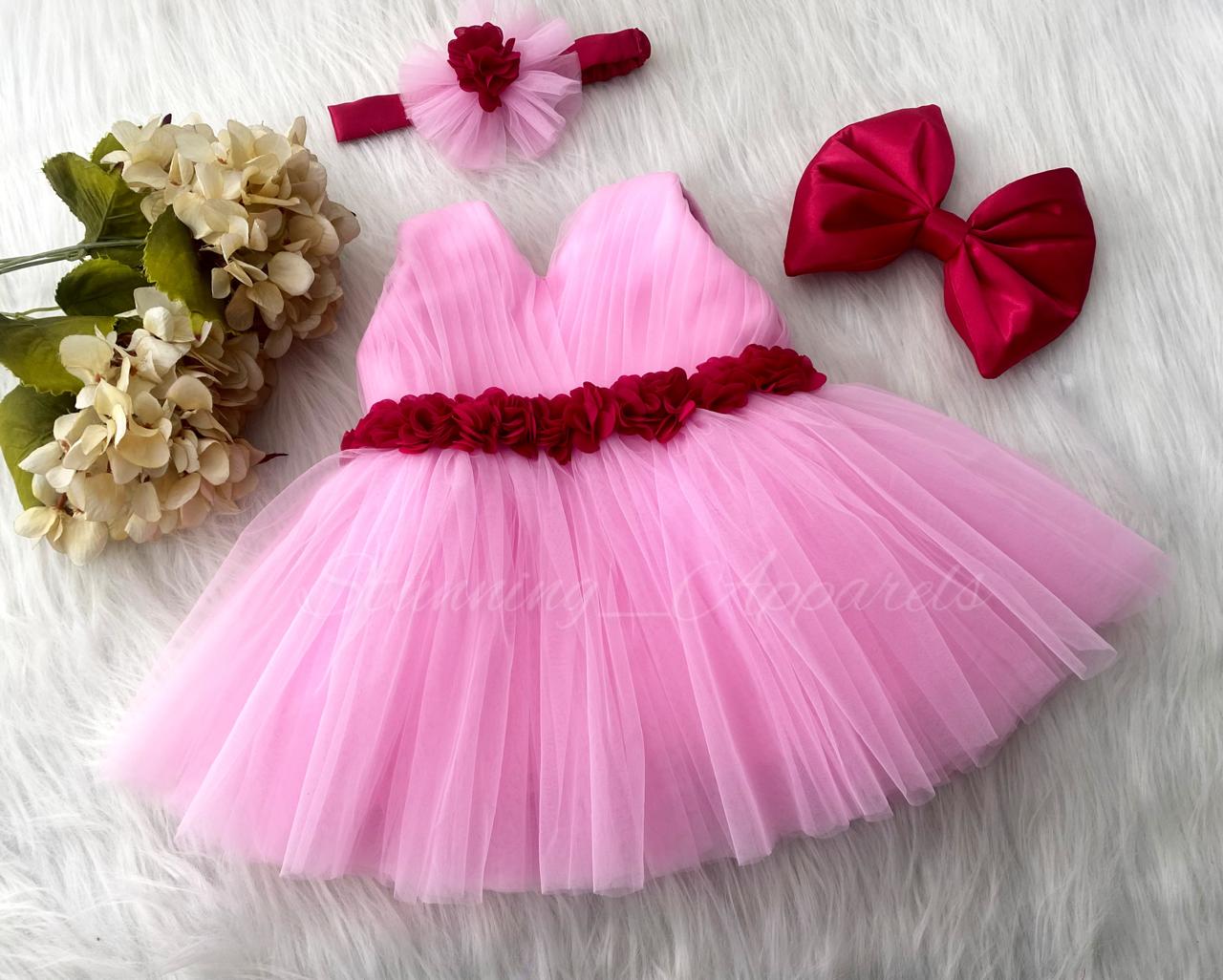 Waist Line Magenta Flower Work Baby Pink Frock
