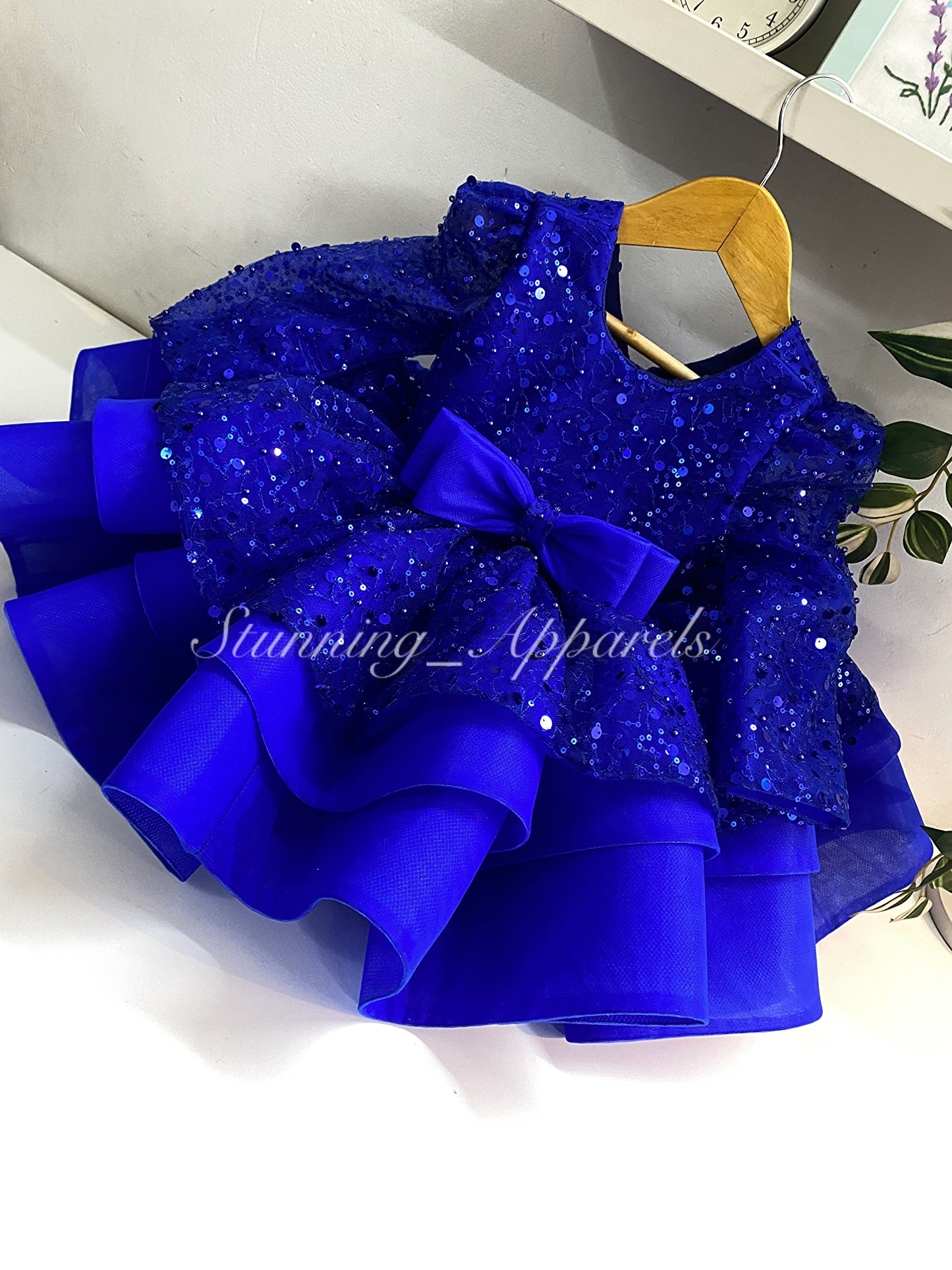 Designer Premium Long Sleeves Beads Sequins Royal Blue Dress