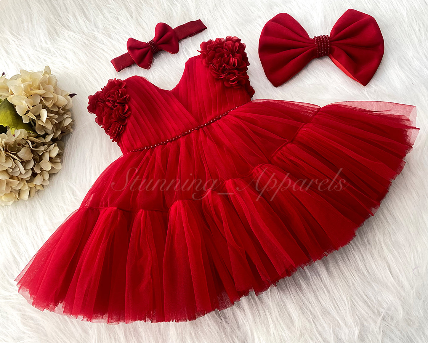 Beautiful  Cape Sleeves Flower Work Ruffled Red Frock