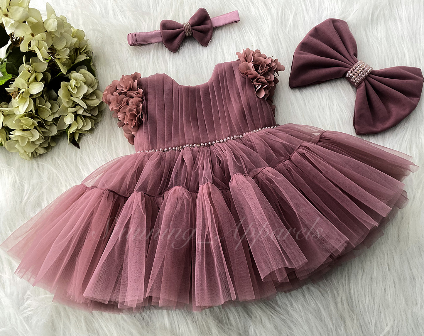 Beautiful Cape Sleeves Flower Work Ruffled Brown Frock