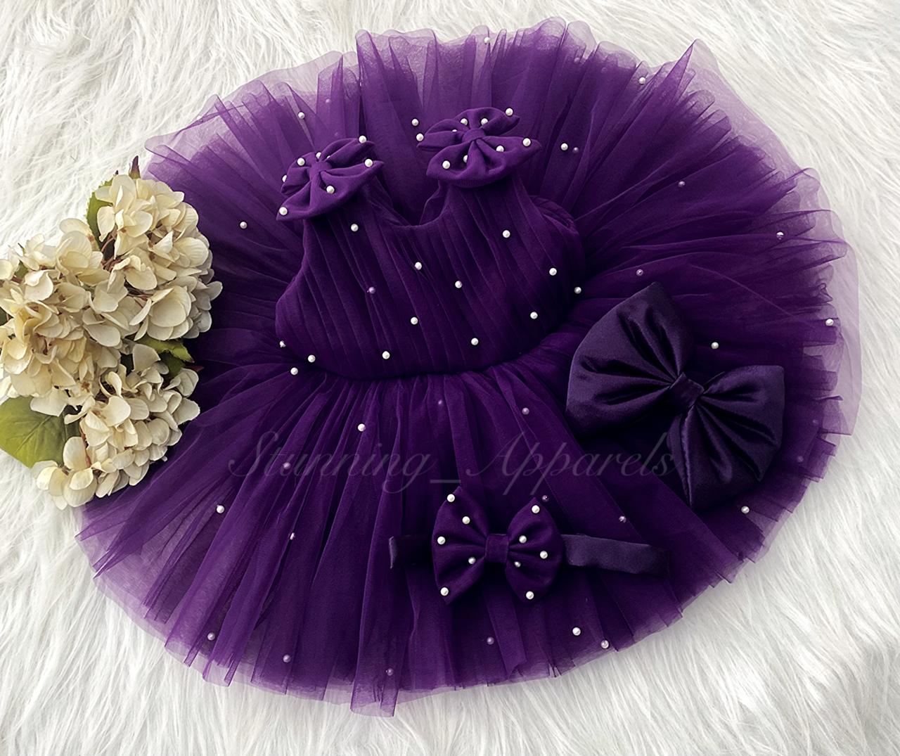 Shoulder Bow Pearls Work Purple Frock