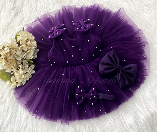 Shoulder Bow Pearls Work Purple Frock