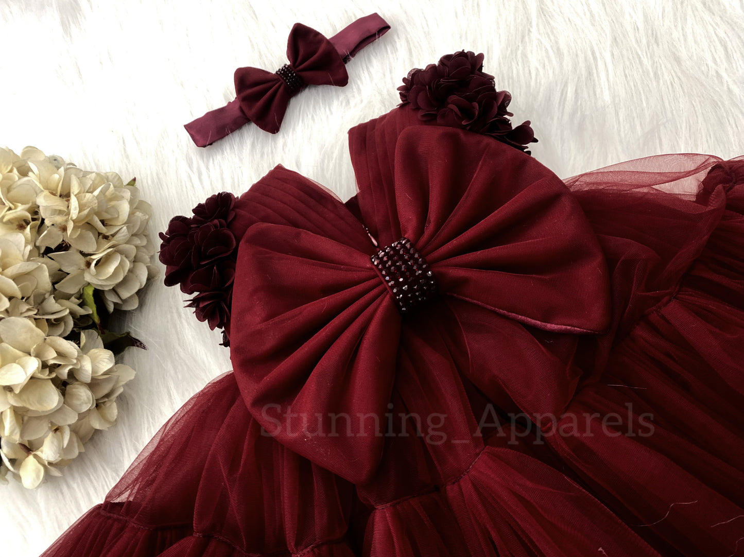 Beautiful Cape Sleeves Flower Work Ruffled Maroon Frock