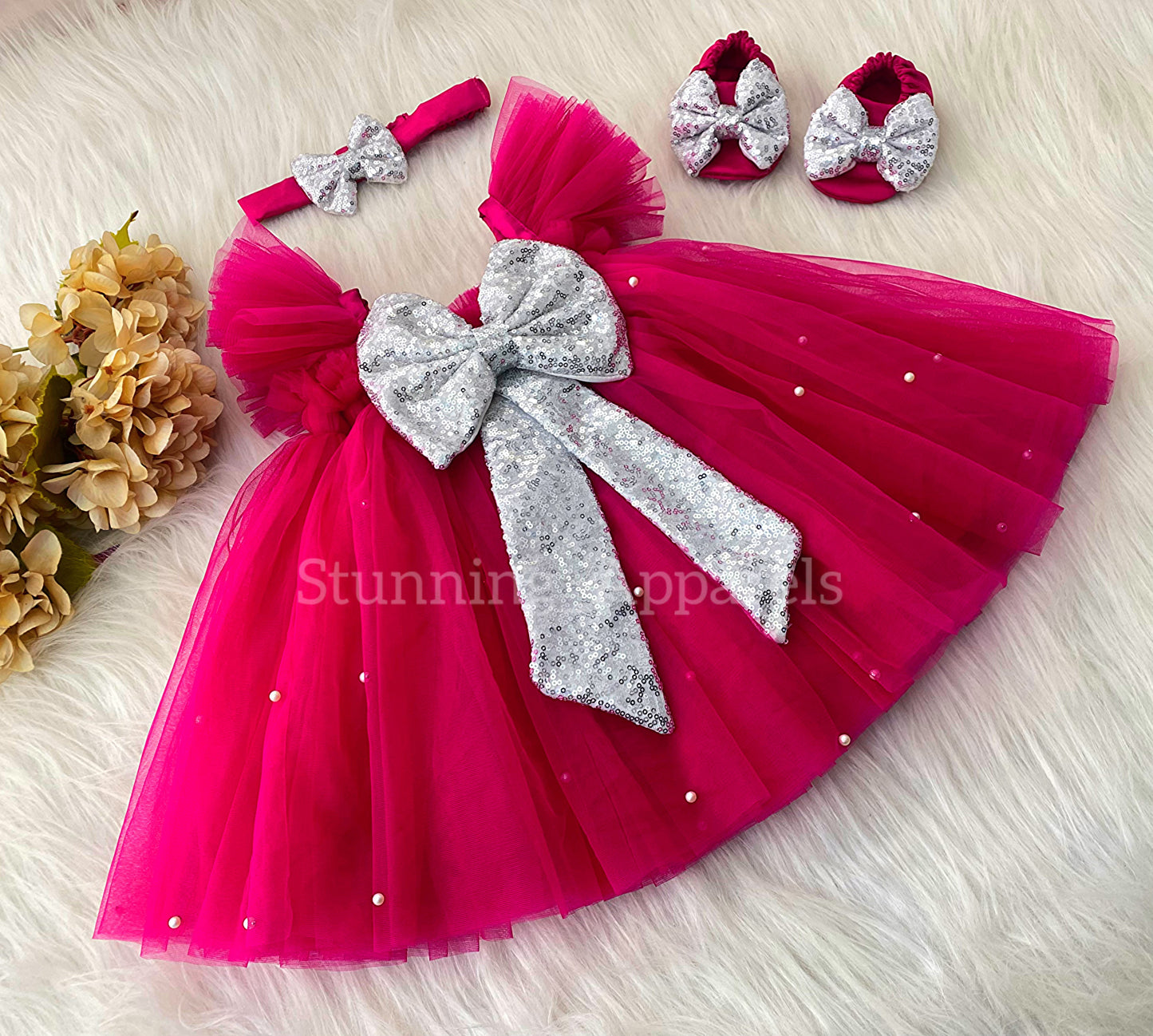 Silver Sequins Bow Party Wear Magenta Pink Umbrella Dress