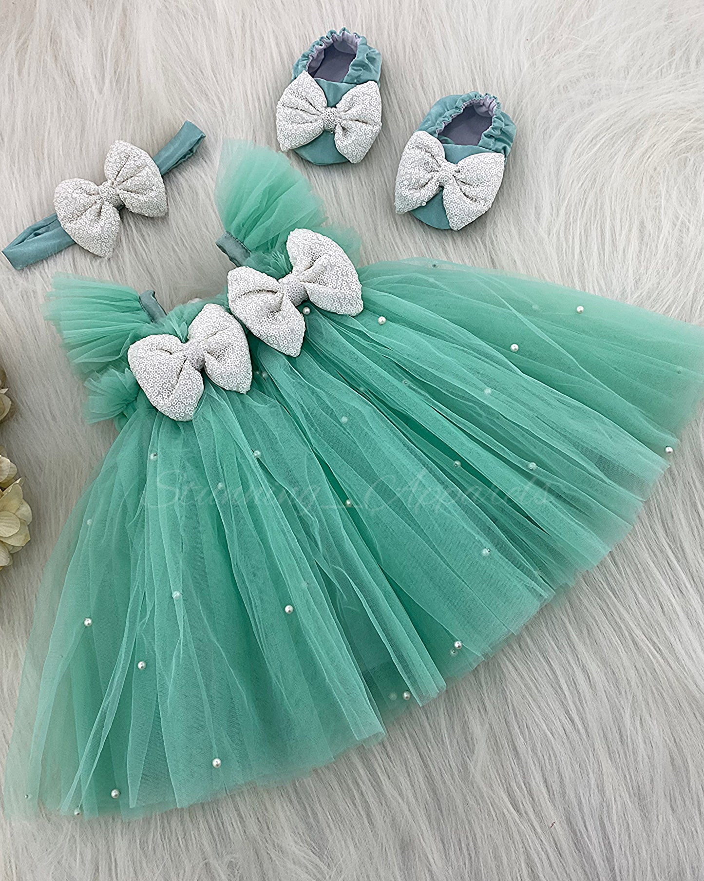 Ruffled Sleeves Strapped  Sequins Bow Party Wear Sea Green Umbrella Dress