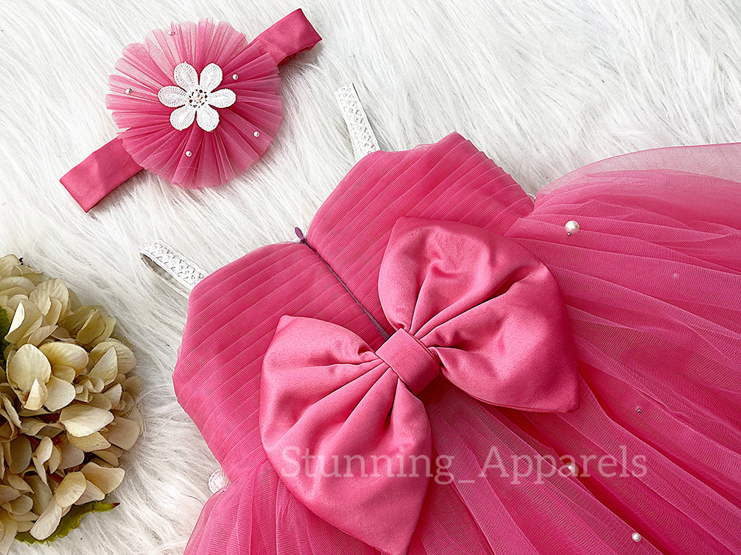 White Flower Work Party Wear Flemingo Pink Dress