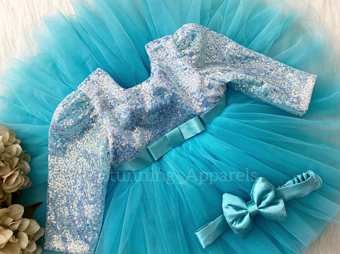 Stylish Long Sleeves Satin Bow Party Wear Sky Blue Frock