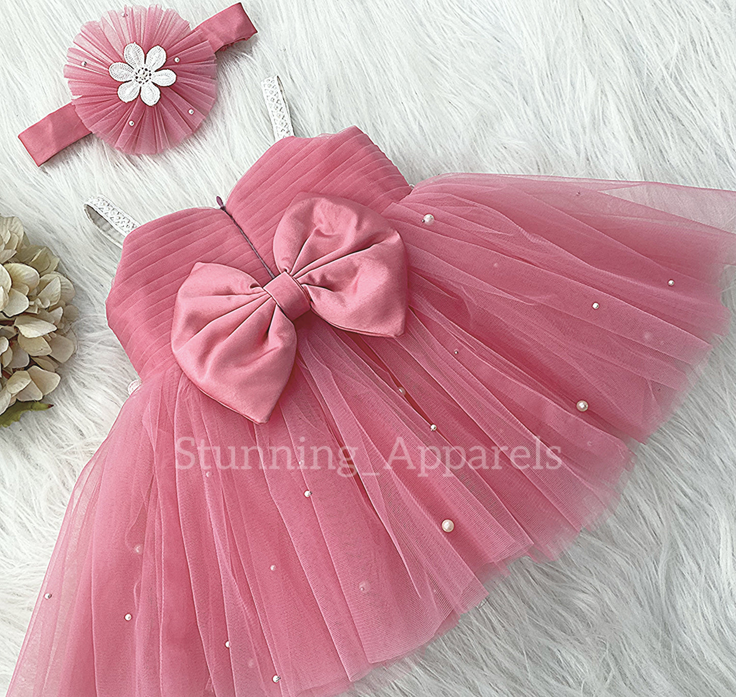 White Flower Work Party Wear Peach Dress