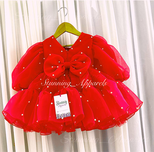Long Puff Sleeves White Pearls Work Ruffled Red Organza Dress