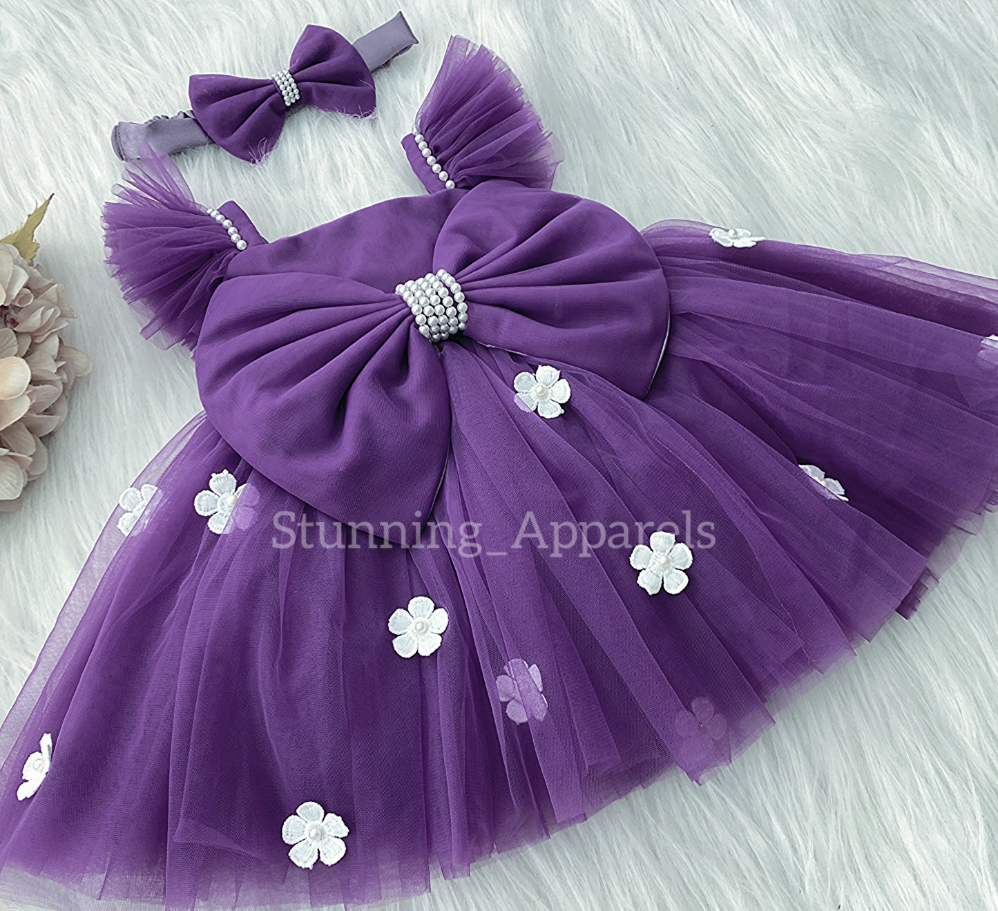 White Flower Work Strapped Sleeves Dark Lavender Frock