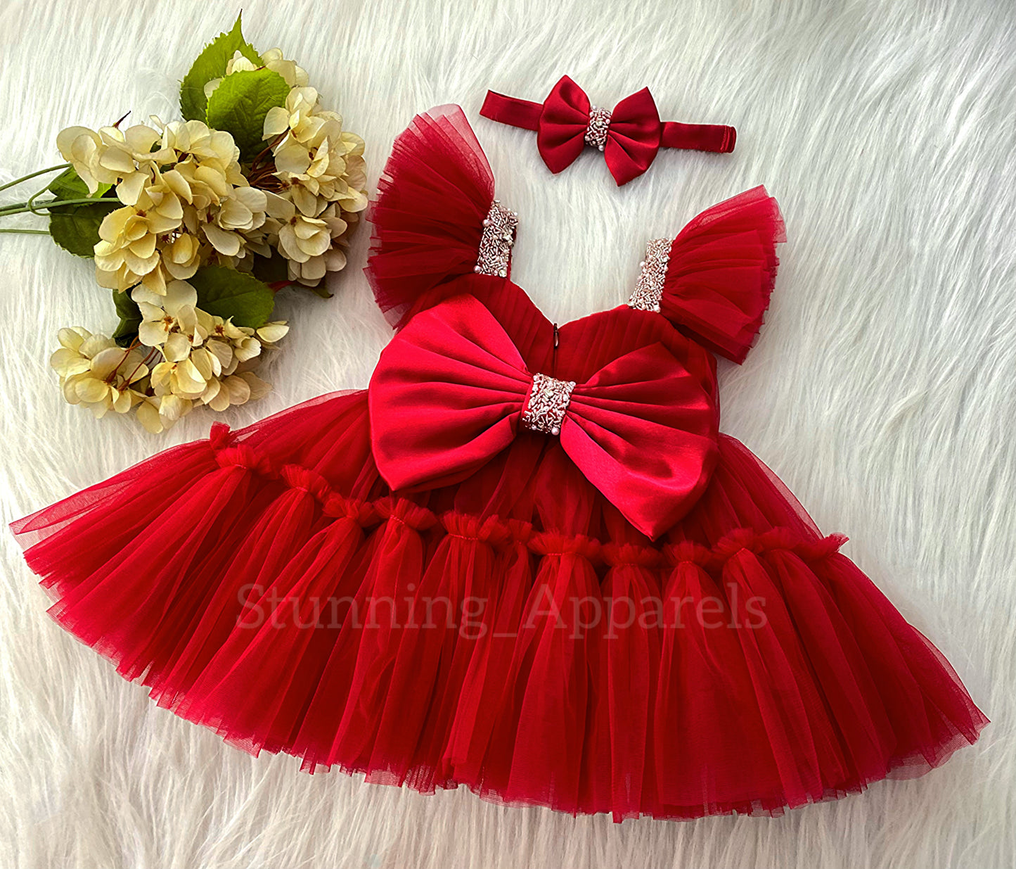 Designer Sweetheart Neckline Hand Work Red Frock