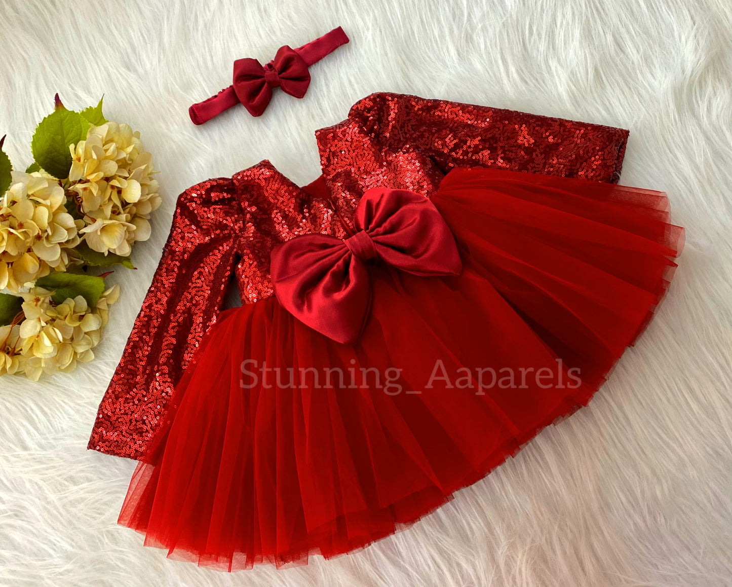 Stylish Long Sleeves Satin Bow Party Wear Red Frock